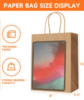 Kraft Paper Gift Bags With Handles Bulk Pack 100, 8x4.5x10.8 Inch Recyclable Shopping Bags size display with thickness indication