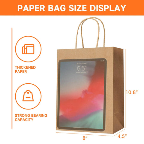 Kraft Paper Gift Bags With Handles Bulk Pack 100, 8x4.5x10.8 Inch Recyclable Shopping Bags size display with thickness indication