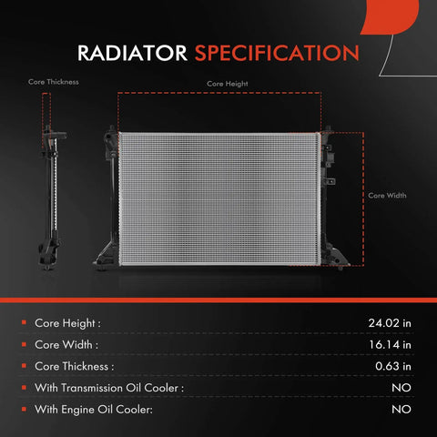 Radiator specifications for Top Tier Engine Coolant Radiator Assembly For Genesis GV60 2023 2024 And Hyundai Ioniq 5 2022 2024.
