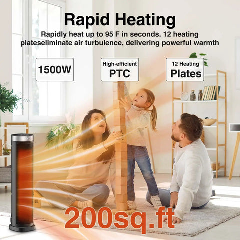 Family enjoying warmth from Indoor Space Heater With Remote, 24-Inch Oscillating Tower, 1500W Quiet PTC Ceramic Heater