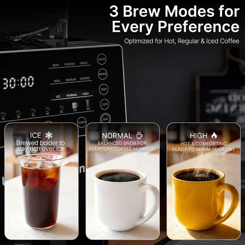Compact Automatic Coffee Maker With Built In Grinder, Programmable Grind And Brew Kit for Ice, Normal, and High brew modes.