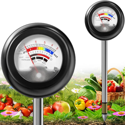 4-In-1 Soil Tester Battery-Free Metal Probe For Moisture pH Light And Fertilizer Readings with garden vegetables in background