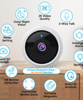 Front view of a smart 2K wireless outdoor security camera with magnetic mount showcasing features, ideal for home security.