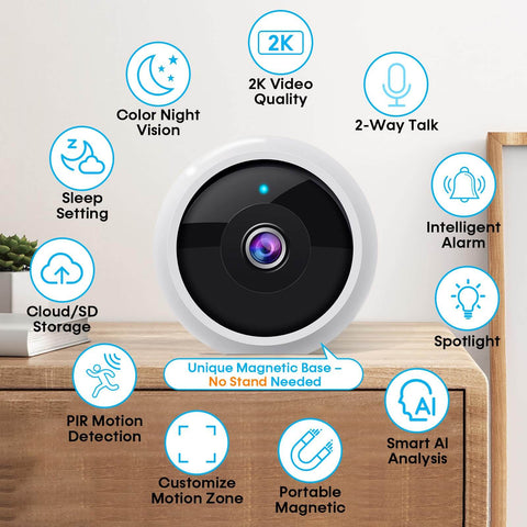 Front view of a smart 2K wireless outdoor security camera with magnetic mount showcasing features, ideal for home security.
