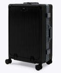 Nobl Travel zipperless check-in suitcase, front view, jet black with aluminum frame, TSA locks, 360° wheels