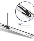 Close-up of buckle on 16-inch side mount drawer slide, part of Ten Pairs Of 16 Inch 3-Section Full Extension Ball Bearing Side Mount Drawer Slides With 100 Lb Capacity And Silent Operation Screws Included Brackets Not Included For Easy Heavy Duty Kitchen Or Workshop Drawers