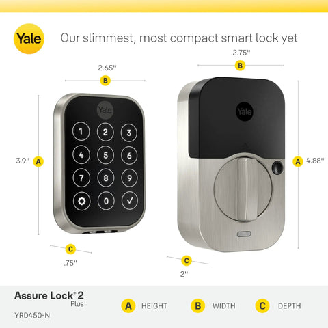 Slick Black Smart Keyless Entry Door Lock With Apple Home Keys And Smooth Keypad Access Auto Unlocks Via Express Mode For iPhone And Apple Watch HomeKit Ready Hardware, dimensions shown.