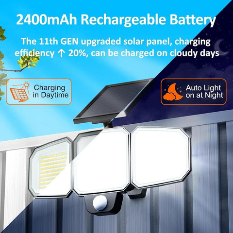 Game Changer Outdoor Solar Flood Lights With 243 LED 3500LM Motion Sensor IP65 Waterproof 3 Heads mounted on a wall