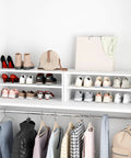 Stackable 28 Inch Extra Wide Two Shelf Wooden Shoe Organizer Rack For Closets And Hallways That Fits Up To Nine Pairs White Finish