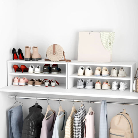 Extra Wide Stackable Wood Shoe Rack 28 Inch Two Shelf Storage Organizer Holds Nine Pairs Game Changing Closet Setup No Sweat Assembly Built Tough Storage For Entryways Hallways Or Garages White Two Pack