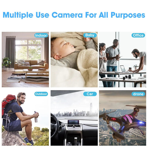 Collage showing multiple uses for Ultra Compact Wireless Mini Camera 1080P HD Tiny Spy Cam with Night Vision in various settings.