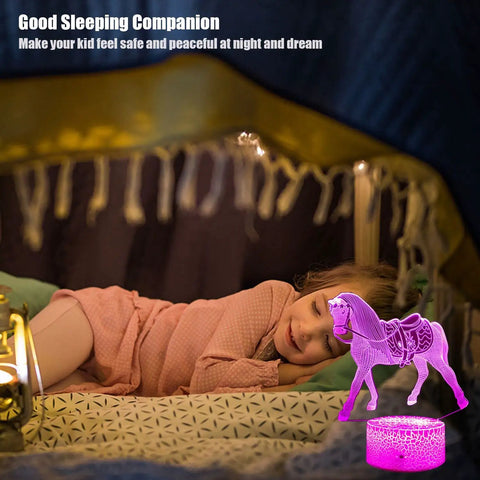Child sleeping next to Lit 3D Horse Night Light For Kids With Remote And Smart Touch Control 16 Color Changing Dimmable LED Lamp
