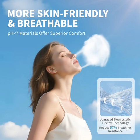 Person enjoying fresh air outdoors with breathable mask technology illustration, highlighting skin-friendly materials.