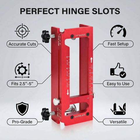 Pro Grade Door Hinge Router Jig Kit Durable Aluminum Mortise Template showing front view with precise measurement dials.