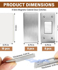 Dimensions and components of Ultra Thin Magnetic Cabinet Catch Set With No Drill Adhesive, stainless steel latches for cabinets.