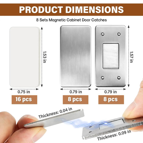 Dimensions and components of Ultra Thin Magnetic Cabinet Catch Set With No Drill Adhesive, stainless steel latches for cabinets.