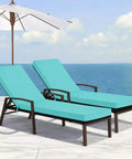 Teal Yard-Ready Two-Piece Outdoor Chaise Lounge Cushions Set With 3-Layer Waterproof Removable Covers And Ties on patio chairs