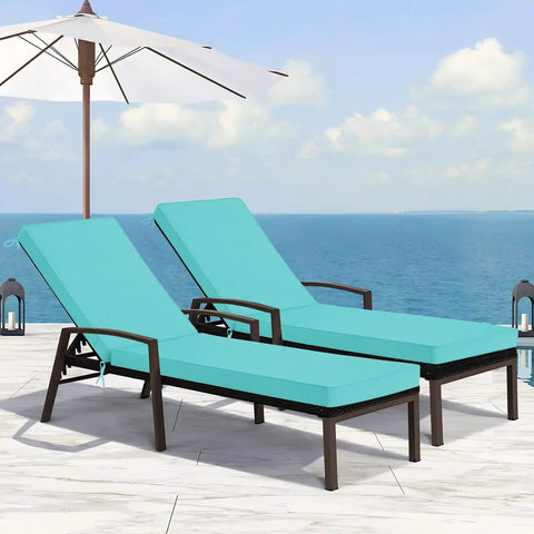 Teal Yard-Ready Two-Piece Outdoor Chaise Lounge Cushions Set With 3-Layer Waterproof Removable Covers And Ties on patio chairs