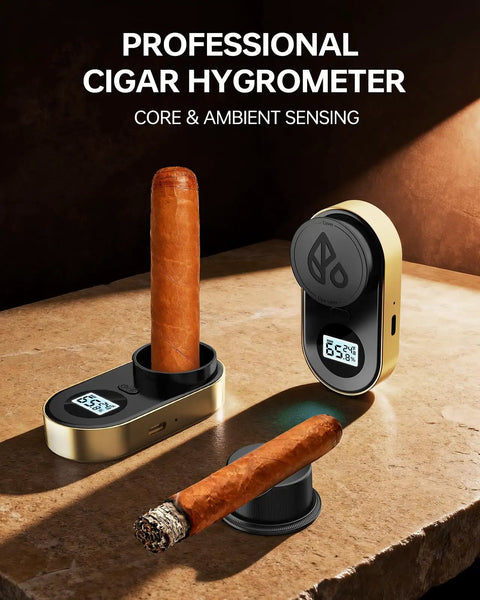 Pro-Grade Digital Cigar Hygrometer With 3-Probe Core Moisture Meter For Humidor Humidity And Ambient Sensing, Real-Time Cigar Moisture Readout, Ultra Precise, Easy To Read Display, Gold Finish on cigars