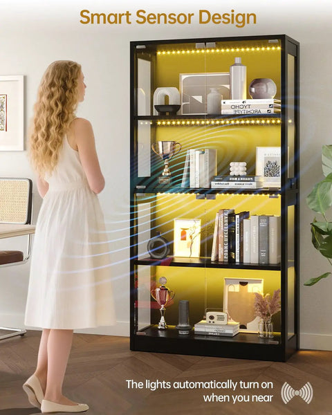 Person standing near 65 Inch Glass Display Cabinet with RGB LED Lights and Glass Doors, 4 Tier Curio Storage Cabinet, Push To Open, Motion Sensor