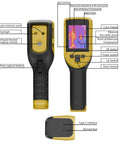 Front and back view of a handheld thermal camera with 320x240 TISR resolution and 120x90 IR high resolution, showing controls and display.