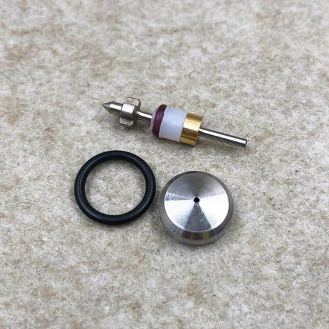 Waterjet on/off valve repair kit components: valve stem, black rubber O-ring, metal cap, brass spacer (4 pieces)