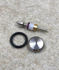 Waterjet on/off valve repair kit components: valve stem with brass collar and white insulator, black O-ring, metal cap.