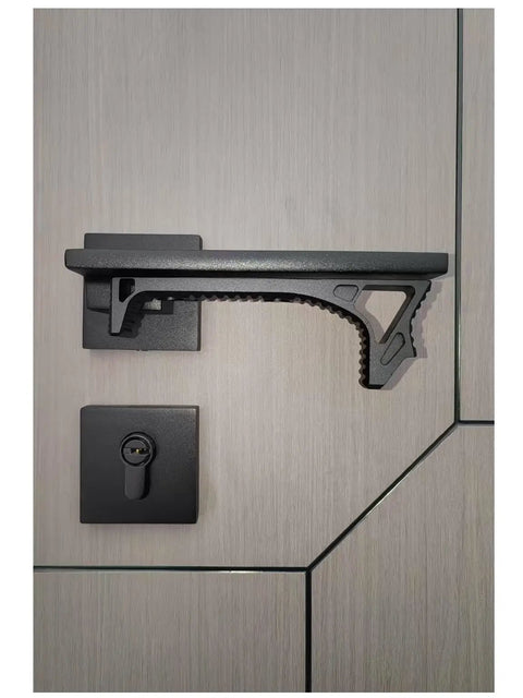 Slick Black Aluminum Door Handle Set Drop In Replacement With Threaded Mounting Hardware, mounted on a door.