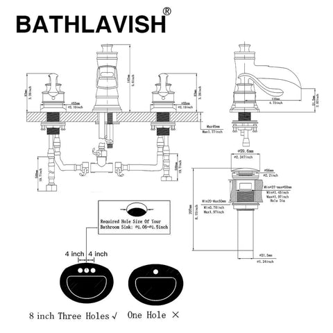 Technical diagram of Matte Black Widespread Bathroom Faucet With Waterfall Spout Farmhouse Style 3 Hole Sink Faucet Two Handle 8 Inch Centers