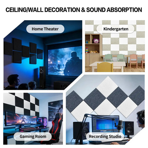 Pro Setup 6 Pack High Density Polyester Sound Absorbing Panels 16 By 12 Inches Tackable Acoustic Wall Tiles in home theater, kindergarten, gaming room, and recording studio.