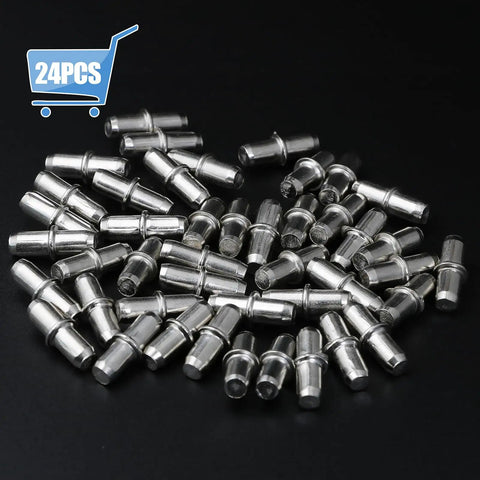 24 Pack Heavy Duty Nickel Plated Shelf Pegs 5mm Metal Shelf Support Pins For Bookshelves Cabinets And Closets on black background.