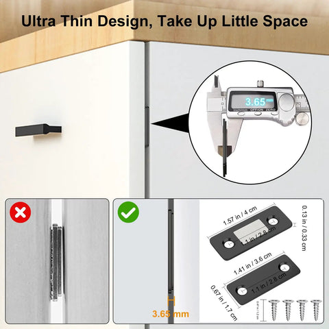Ultra Thin Magnetic Cabinet Catch 8 Pack Stick On Drawer Magnets Latch Closures For Cabinets Kitchen Closet Doors Magnetic Door Catch Closer With Strong Hold Around 10 Pounds, illustrated with diagram showing 3.65mm thickness and installation.