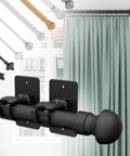 Stick On Curtain Rod Bracket Set 8 Pack No Drill Easy Mount Universal Plastic Holders for Curtain Rods displayed with curtains.