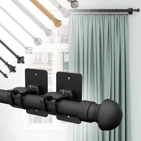 Stick On Curtain Rod Bracket Set 8 Pack No Drill Easy Mount Universal Plastic Holders for Curtain Rods displayed with curtains.
