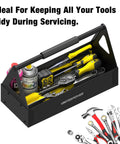 Grippy Handle Metal Tool Tray Portable Tote For Home Garage Warehouse And Shop Easy Tool Organization Durable Black Metal Storage Tray For Wrenches Screwdrivers And Small Parts with tools inside.
