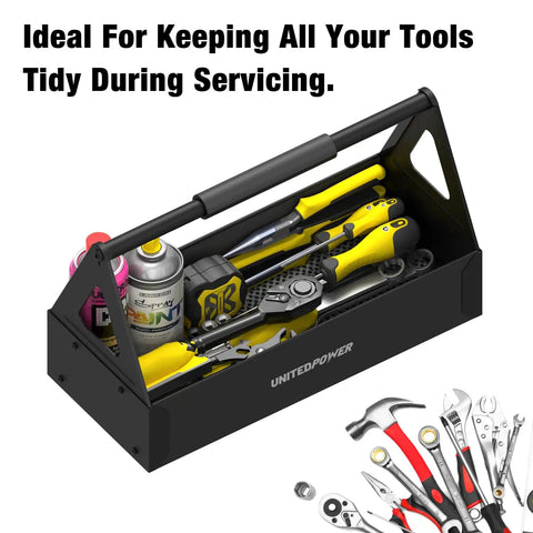 Grippy Handle Metal Tool Tray Portable Tote For Home Garage Warehouse And Shop Easy Tool Organization Durable Black Metal Storage Tray For Wrenches Screwdrivers And Small Parts with tools inside.