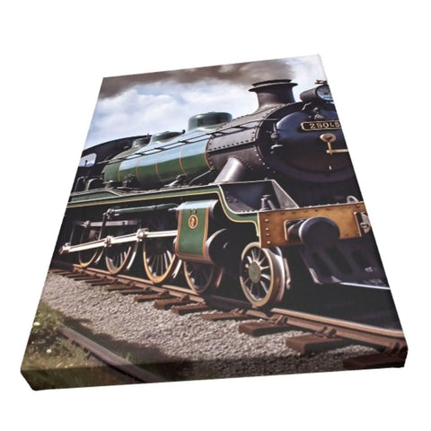 Steam Locomotive Train Wall Art Canvas Print Ready To Hang 12x18 Inch Cotton Canvas Poster featuring a vintage green locomotive