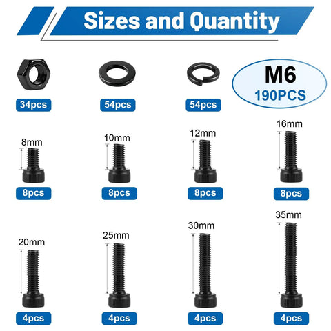 Top Shelf 190PC M6 Hex Socket Head Cap Screw And Nut Assortment Kit With Washers showing various sizes and quantities of screws and nuts.