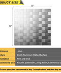 Peel And Stick Stainless Steel Backsplash Tiles For Kitchen Walls 12x12 Inches 10 Sheets Easy Install shown with product dimensions.