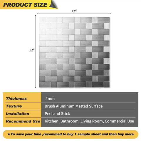 Peel And Stick Stainless Steel Backsplash Tiles For Kitchen Walls 12x12 Inches 10 Sheets Easy Install shown with product dimensions.