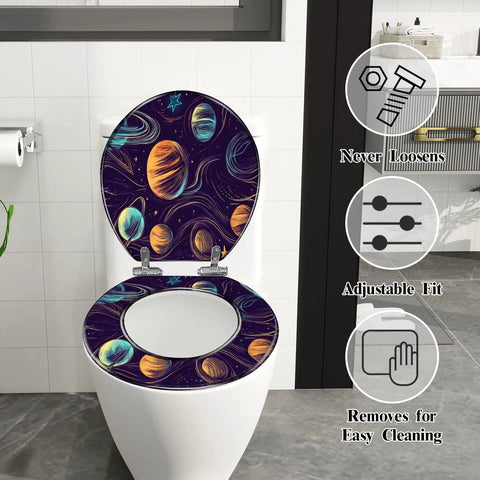 Toilet Seat with Decorative Cover for Bathroom, adjustable fit, outer space design, removable for easy cleaning.