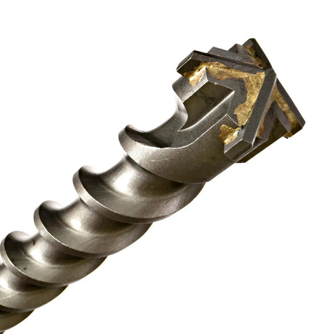 Close-up of 2 Inch Carbide Tipped SDS Max Masonry Drill Bit With Cross Tip And Wide Flute Four Cutting Points.