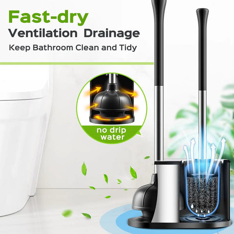 Heavy Duty Toilet Plunger And Brush Set Straight Up Built To Crush Stubborn Clogs With Zero Sweat Featuring Stainless Steel Handle and Brush Set in bathroom.