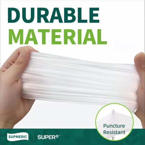 Hands stretching durable vinyl disposable exam gloves showcasing puncture resistance.