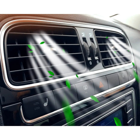 Car interior ventilation with green leaf particles highlighting air quality from Cabin Air Filter Replacement For Subaru Ascent 2019-2024 Crosstrek 2018-2024 Impreza 2017-2024 Legacy 2020-2025 Outback 2020-2025 Four Layer Melt-Blown Nonwoven Cabin Filter CF12436 72880-FL00A 72880-FL500 Compatible