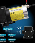 Portable 110V Fuel Transfer Pump With Forward And Reverse Pumping Self Priming 2.3 To 3.7 GPM shown with specifications and labels