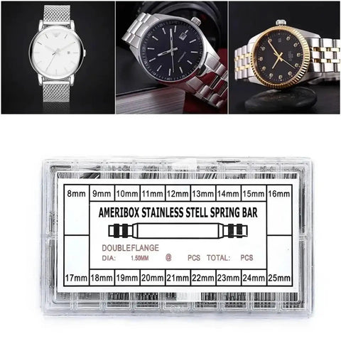 Watch Band Spring Bars Repair Kit 1440 Pcs, Pro Grade Strap Link Pins Tool Set with organized box and watch images