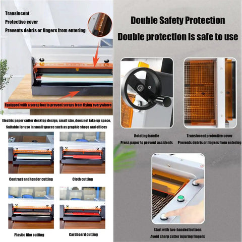 Auto Paper Cutter For A4 Size Heavy Duty Desktop Paper Trimmer With Double Safety Electric Cutting Machine infographic.