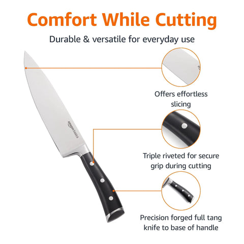 Heavy Duty 8 Inch Chef Knife With Full Tang High Carbon Stainless Steel Blade, No Fuss Kitchen Workhorse Featuring Three Riveted Grip And Rust Resistant Satin Finish That Stays Razor Sharp