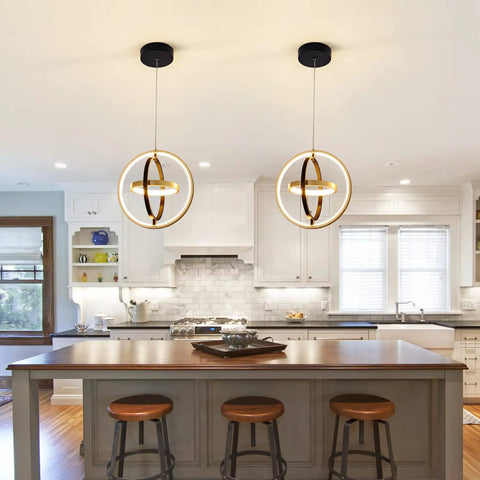 Modern LED Chandelier With Adjustable Lit Three Ring Round Design In Black And Gold 3000K Warm White Light For Dining Room Kitchen Island